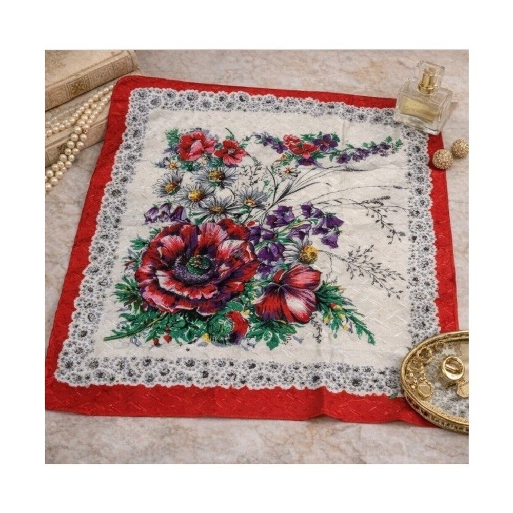 Vintage Floral Square Scarf‎ Red Jacquard Border Poppy Daisy Botanical Print